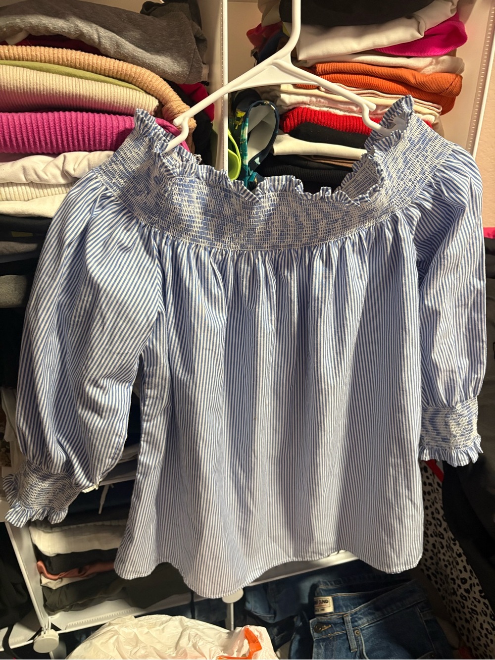 Active USA Blue and White Pinstripe Off-Shoulder Smocked Blouse